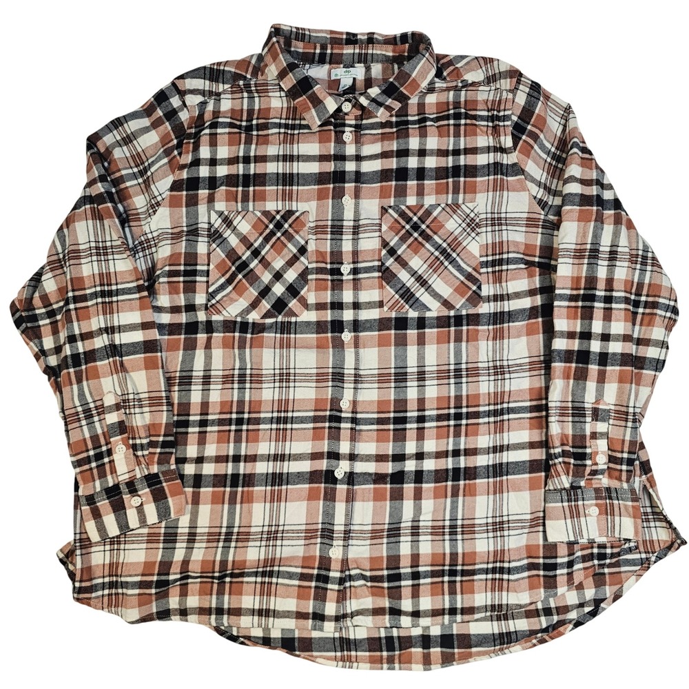 Dip Organic Cotton Plaid Flannel Button Down Shirt Brown Tan Black Womens 2X‎